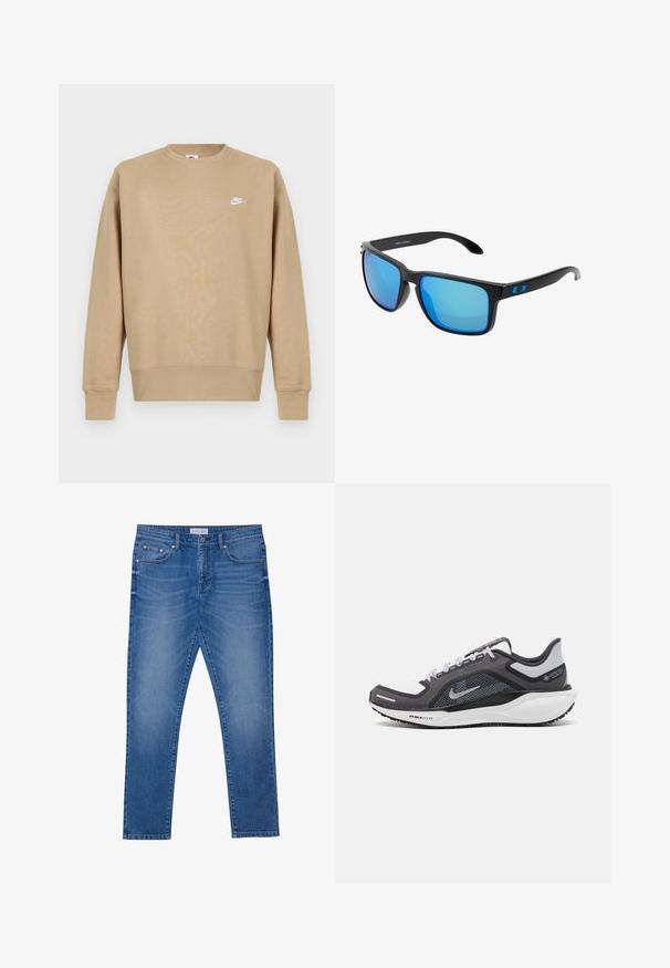 Tan Nike sweatshirts med rund hals, långa ärmar och en vit logotyp på bröstet. Tyget ser mjukt ut med en slät textur.; Blå denimjeans med rak bendesign, försedda med framfickor, sydda sömmar och en klassisk knappstängning.; Svart och grå atletisk sko med ovandel i mesh, reflexdetaljer och en vit mellansula. Har en strukturerad gummisula och skosnören.; Stiliga svarta solglasögon med blå spegelglas, fyrkantiga bågar och blå accents på skalm. Tillverkade av lätt plastmaterial.