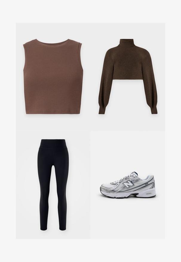 Maglione a collo alto corto marrone, caratterizzato da una texture a coste e maniche voluminosi, realizzato in un materiale morbido e caldo.; Top corto senza maniche a coste marrone con scollo a girocollo. Texture liscia e forma attillata, evidenziando la semplicità nel design.; Leggings neri con vita alta, realizzati in tessuto elasticizzato, caratterizzati da una superficie liscia e una silhouette aderente fino alla caviglia.; Scarpa da ginnastica New Balance con tomaia in rete, prevalentemente bianca con accenti grigi e blu navy, caratterizzata da una soletta imbottita e dettagli testurizzati.