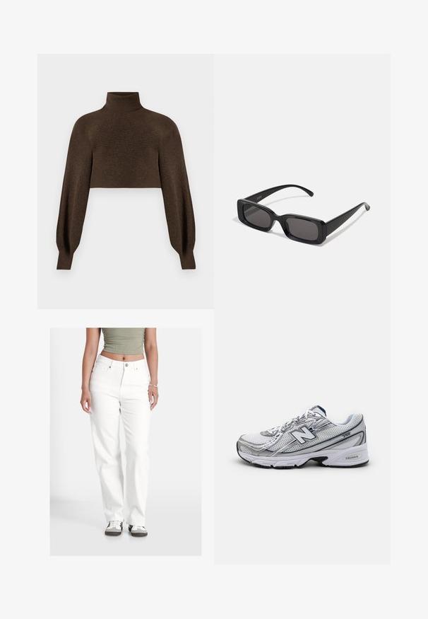 Brauner, kurzer Rollkragenpullover mit gerippter Textur und voluminösen Ärmeln, gefertigt aus weichem, warmem Material.; Weiße Denim-Jeans in lässiger Passform, mit Knopfverschluss, fünf Taschen und einer leicht texturierten Oberfläche. Kombiniert mit lässigem Schuhwerk.; New Balance Sportschuh mit einem Mesh-Obermaterial, überwiegend weiß mit grauen und marineblauen Akzenten, ausgestattet mit einer gepolsterten Sohle und strukturierten Details.; Schwarze rechteckige Sonnenbrille mit dunklen Gläsern, glänzender Oberfläche, breiten Bügeln und einem klobigen Rahmen-Design. Gravierter Markenname auf einem Bügel.