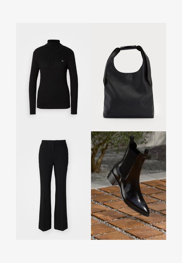 Černý rolák v texturovaném designu s pleteným vzorem. Disponuje dlouhými rukávy a přiléhavým střihem. Malé logo na hrudi.; Černé upravené kalhoty s rozšířeným střihem. Vyrobené z hladkého materiálu s předními sklady a plochým pasem. Bez viditelných kapes.; Černá kožená Chelsea bota s špičatou špičkou, elastickými bočními panely a masivním podpatkem, stojící na povrchu se vzorem kamene a dřeva.; Černá kůže hobo taška s jedním měkkým, zaobleným uchopem; má hladkou texturu a minimalistický design. Bez viditelného kovového doplňku nebo akcentů.