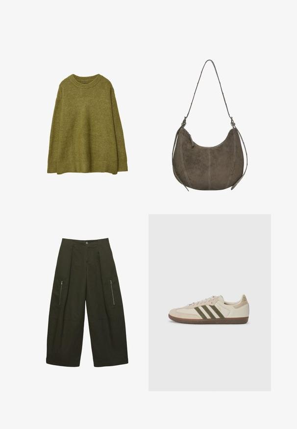 Olive green oversized knit sweater with a ribbed crew neck and hem. Fabric has a soft texture with a subtle sheen. Loose fit, long sleeves.; Wide-leg cargo pants in dark green fabric, featuring two zippered side pockets, pleated front design, and stitched detailing at hem.; adidas Originals SAMBA OG UNISEX - Trainers - alumina/medium dark khaki/gum; Brown suede hobo bag with curved shape, contrast stitching, single shoulder strap, and zip closure detail. Smooth texture overall.
