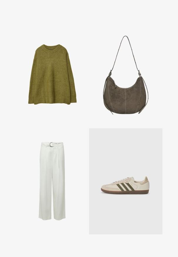 Olivengrüner, übergroßer Strickpullover mit geripptem Rundhalsausschnitt und Saum. Der Stoff hat eine weiche Textur mit einem dezenten Glanz. Lockerer Schnitt, lange Ärmel.; Weiße, weite Hosen mit glatter Textur, ausgestattet mit vorderen Falten und einem silbernen, runden Schnallen-Gürtel. Keine Taschen sichtbar.; adidas Originals SAMBA OG UNISEX - Sneaker low - alumina/medium dark khaki/gum; Braune Wildleder-Hobo-Tasche mit geschwungener Form, Kontrastnähten, einem einzigen Schultergurt und Reißverschluss-Detail. Insgesamt glatte Textur.