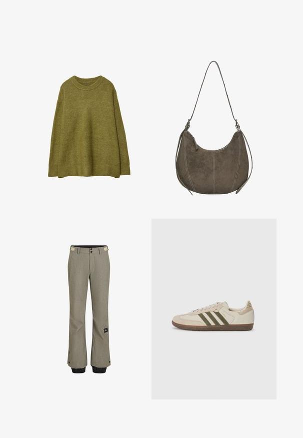 Oliven grøn oversized strikket sweater med ribbet rund hals og kant. Stoffet har en blød tekstur med en subtil glans. Løs pasform, lange ærmer.; Lys grå skibukser med en tekstureret overflade, der har sorte elastiske manchetter, to knapper og et side-logo patch.; adidas Originals SAMBA OG UNISEX - Sneakers - alumina/medium dark khaki/gum; Brun ruskind hobo taske medbuet form, kontrastsyninger, enkelt skulderrem og lynlåsdetalje. Glat tekstur overalt.