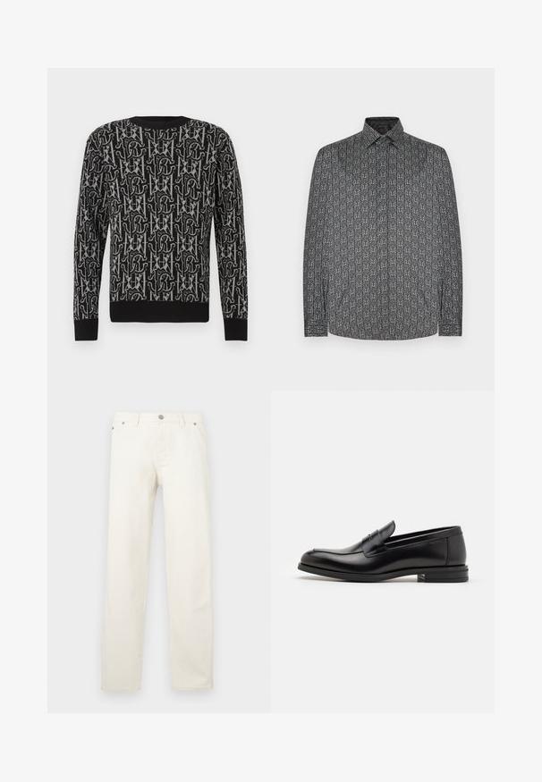 Black knit sweater featuring a repeating grey pattern of letters and shapes, with a crew neckline and ribbed cuffs and hem.; Long-sleeve shirt featuring a dark gray base with a repeating abstract white pattern. Button-down collar and cuff details visible.; White straight-leg jeans made of denim, featuring a button fly, belt loops, and five pockets. The fabric has a smooth texture.; Black leather loafers with a smooth texture, rounded toe, and a decorative strap across the vamp. Low stacked heel, minimalist design.