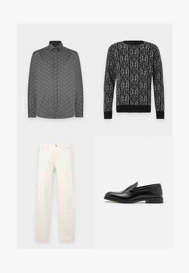 Zwarte gebreide trui met een herhalend grijs patroon van letters en vormen, voorzien van een ronde hals en geribbelde boorden en zoom.; Overhemd met lange mouwen met een donkergrijze basis en een herhalend abstract wit patroon. Kraag met knopen en zichtbare manchetten.; Witte recht gesneden jeans van denim, voorzien van een gulp met knopen, riemlussen en vijf zakken. De stof heeft een gladde textuur.; Zwarte leren instappers met een gladde textuur, ronde neus en een decoratieve band over de wreef. Lage, gestapelde hak en minimalistisch ontwerp.