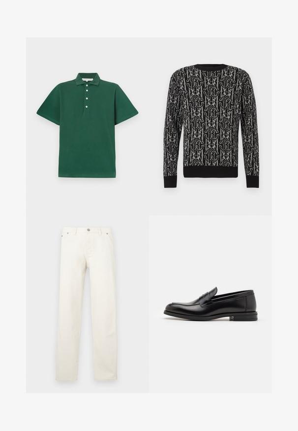 Černý pletený svetr s opakujícím se šedým vzorem písmen a tvarů, s kulatým výstřihem a žebrovanými manžetami a lemem.; Tmavě zelená polo tričko vyrobené z bavlny, s klasickým límečkem, krátkými rukávy a knoflíkovou légou se čtyřmi bílými knoflíky.; Bílé džíny s rovnými nohavicemi z denimu, s knoflíkovou légu, poutky na opasek a pěti kapsami. Látka má hladkou texturu.; Černé kožené polobotky s hladkou texturou, zaoblenou špičkou a zdobným páskem přes nárt. Nízký stohovaný podpatek, minimalistický design.