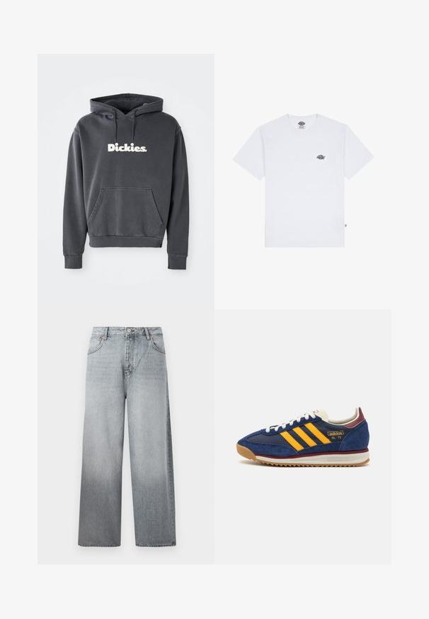 Kullgrå hettegenser med en frontlomme, ribbestrikkede mansjetter og en hvit "Dickies."-logo i midten, laget av myk bomull.; Hvit bomull t-skjorte med korte ermer, som har en liten svart logo på brystet og et merke nederst til venstre.; Lys grå vid jeans med en falmet effekt, med knapp og glidelås lukking, fem lommedesign og kontrastsøm.; Marineblå suede sneakers med gule striper, hvite lisser og burgunder detaljer. Teksturert såle med spor for grep. Merkevarenlogo på siden.