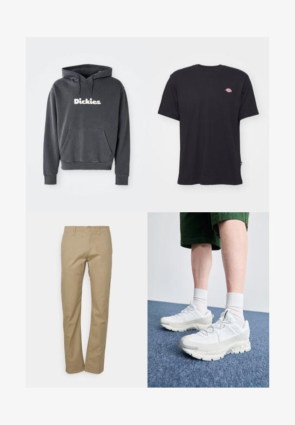 Hanorac gri cărbune cu un buzunar frontal tip kangaroo, manșete ribbate și un logo alb "Dickies." în centru, fabricat dintr-un material moale din bumbac.; Tricou din bumbac negru, cu mâneci scurte, decolteu rotund și un logo mic colorat pe partea stângă a pieptului. Prezintă un tiv drept.; Chino bej cu un design cu picioare drepte, având închidere cu nasture, bucle pentru curea și o textură netedă din bumbac.; Pantofi sport albi cu suprapuneri texturate, talpă masivă și accente gri. Purtați cu șosete albe până la glezne și pantaloni scurți verzi pe o suprafață albastră.