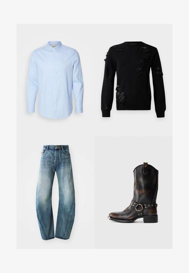 Sort sweater med lange ærmer, der har slidte stofdetaljer og teksturerede lapper. Rund halsudskæring og blødt strikket materiale.; Lys blå langærmet skjorte med knap, knap-ned krave, hvide knapper og subtilt broderet logo på venstre bryst.; Lysblå denim jeans med lige ben, høj talje og slidte områder over stoffet. Har fem lommer og knaplukning.; Sorte læder cowboystøvle med brun slitage, dekorativ rem med metalnitter og ring, samt en metalløs tå på en hvid baggrund.