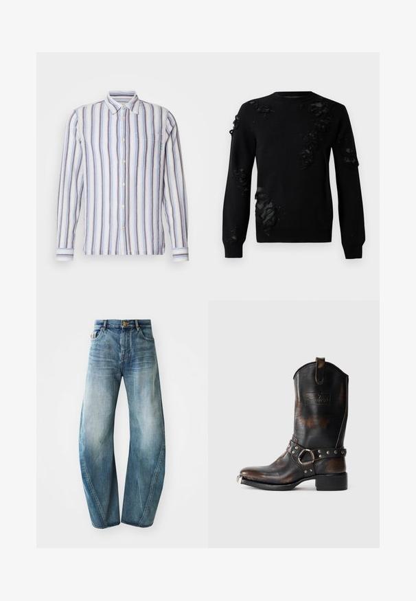 Schwarzer Pullover mit langen Ärmeln, der verwaschene Stoffakzente und texturierte Patches aufweist. Rundhals und weiches Strickmaterial.; Gestreiftes Langarmshirt mit abwechselnd blauen, weißen und grauen Streifen. Knopfverschluss, eine Brusttasche und grüne gestickte Details.; Hellblaue Jeans aus Denim mit geradem Schnitt, hoher Taille und Ausbleichungen im Stoff. Sie verfügen über fünf Taschen und einen Knopfverschluss.; Schwarze Leder-Cowboy-Stiefel mit braunen Abnutzungen, dekorativem Riemen mit Metallschrauben und Ring sowie einer metallischen Zehenkappe auf einem weißen Hintergrund.