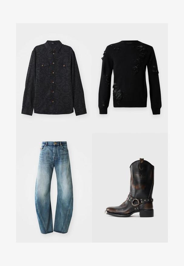 Fekete pulóver hosszú ujjal, megtört anyagú részletekkel és texturált foltokkal. Kerek nyakkivágás és puha kötött anyag.; Hosszú ujjú fekete ing texturált mintával, két mellzsebbel és barna gombokkal az elől gombos záródásnál. Galléros kivitel.; Világoskék farmernadrág egyenes szabású dizájnnal, magas derékkal, és a szövet közepes elhalványulással. Öt zsebet és gombos záródást tartalmaz.; Fekete bőr cowboy csizma barna kopásokkal, dekoratív pánt fémtüskékkel és gyűrűvel, valamint fém orrborítással fehér háttér előtt.