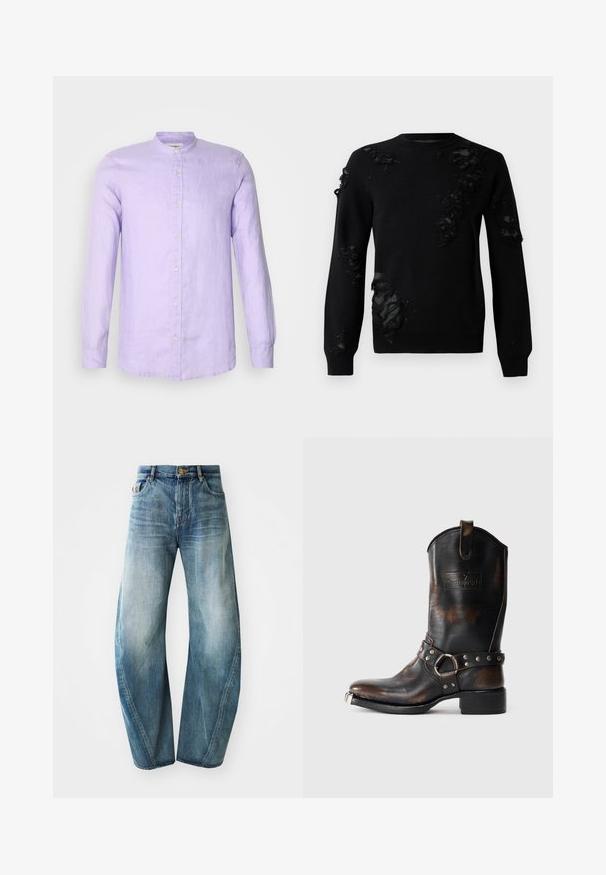 Black sweater with long sleeves, featuring distressed fabric accents and textured patches. Round neckline and soft knit material.; Long-sleeve button-up shirt in light lavender linen with a stand collar and front button closure. Smooth texture with a relaxed fit.; Light blue denim jeans with a straight-leg design, high waist, and fading across the fabric. Features five pockets and a button closure.; Black leather cowboy boot with brown distressing, decorative strap with metal studs and ring, and a metal toe cap on a white background.