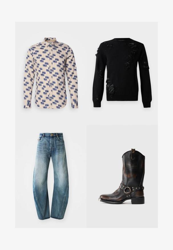 Melna džemperis ar garām piedurknēm, kas ietver nolietotu audumu akcentus un teksturētas plāksterus. Apaļš kakla izgriezums un mīksts adījums.; Gaišbēša garām piedurknēm pogājamā krekla ar zilu ģeometrisku rakstu. Izgatavots no viegla auduma, ar apkakli un regulāra piegriezuma dizainu.; Gai zilas džinsa bikses ar taisnu kāju dizainu, augstu jostasvietu un izbalējumu visā audumā. Satur piecus kabatas un pogu aizdari.; Melnas ādas kovboju zābaks ar brūnu novecošanu, dekoratīvu jostu ar metāla kniedēm un gredzenu, kā arī metāla purngalu uz balta fona.