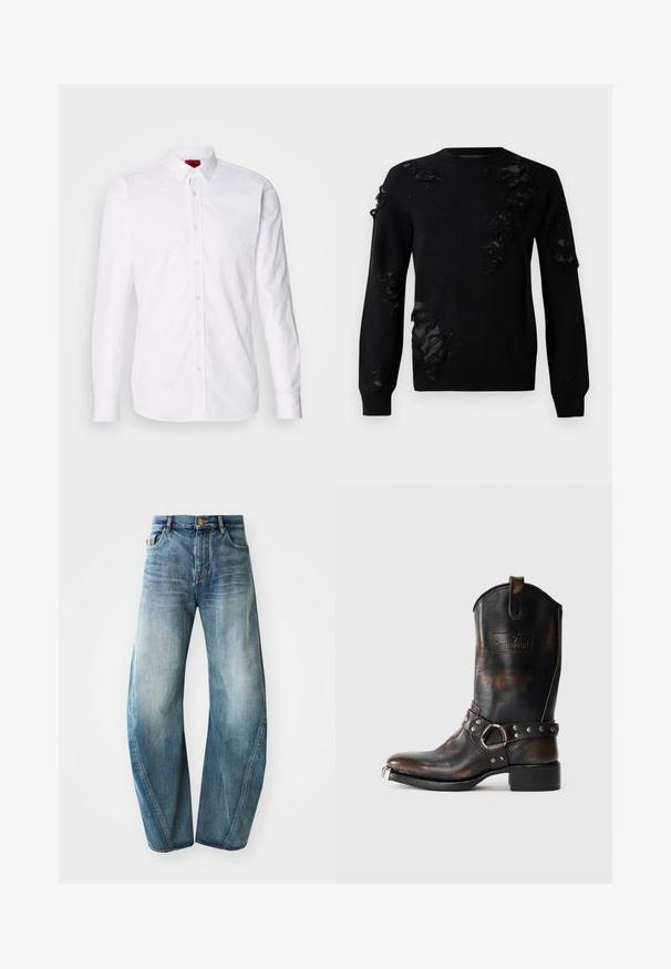 Black sweater with long sleeves, featuring distressed fabric accents and textured patches. Round neckline and soft knit material.; White long-sleeve button-up shirt featuring a classic collar, front placket with buttons, and a smooth cotton texture.; Light blue denim jeans with a straight-leg design, high waist, and fading across the fabric. Features five pockets and a button closure.; Black leather cowboy boot with brown distressing, decorative strap with metal studs and ring, and a metal toe cap on a white background.