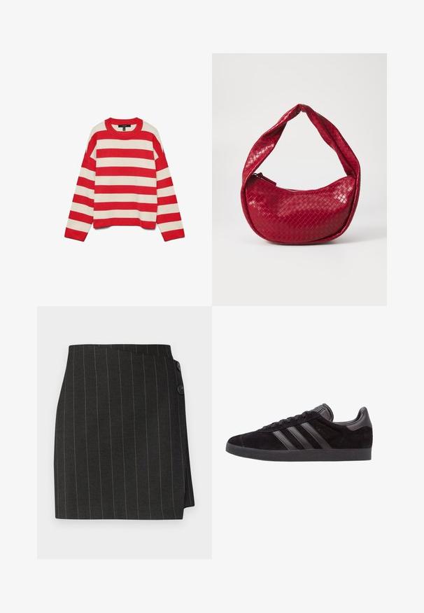 Suéter a rayas rojas y crema, tejido de punto, cuello redondo, mangas largas, hombros caídos, puños y dobladillo acanalados, ajuste holgado.; Top de tirantes blanco sin mangas hecho de tela acanalada, con un escote redondeado y una silueta ajustada, con costuras mínimas y sin adornos.; Falda negra a rayas con un ajuste entallado, que presenta un diseño de envoltura asimétrico y dos botones en la cintura para el cierre.; Zapatillas de ante negro con suelas de goma texturizada, que presentan tres franjas de cuero negro, puntera redondeada y cuello acolchado en el tobillo.; Bolso de mano de cuero trenzado rojo con un asa curva y acolchada, cierre de cremallera y un acabado texturizado, que presenta un brillo brillante en toda su superficie.