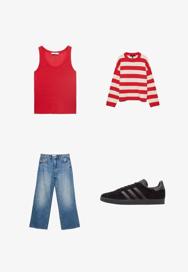 Red and cream striped sweater, knit fabric, crew neckline, long sleeves, dropped shoulders, ribbed cuffs and hem, loose fit.; Red sleeveless tank top made of lightweight fabric, featuring a round neck and a simple, smooth texture without patterns or embellishments.; Wide-leg blue denim jeans with a light wash, featuring five pockets, a button closure, and visible stitching along the seams.; Black suede sneakers with textured rubber soles, featuring three black leather stripes, rounded toe, and padded ankle collar.