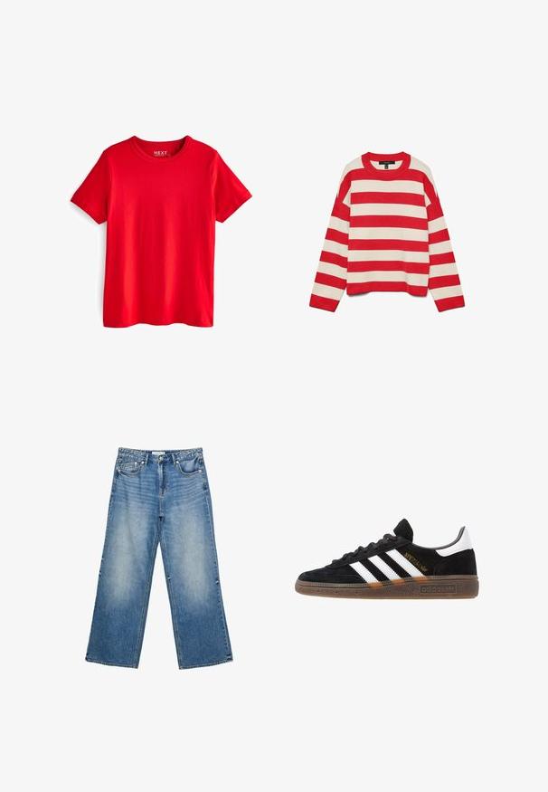 Svetr se vzorem červených a krémových pruhů, pletená látka, kulatý výstřih, dlouhé rukávy, spadlá ramena, žebrované manžety a lem, volný střih.; Červené bavlněné tričko s kulatým výstřihem a krátkými rukávy. Má hladký povrch a žádné viditelné vzory nebo akcenty.; Modré džíny s širokými nohavicemi a světlým praním, které mají pět kapes, zapínání na knoflík a viditelné švy podél švů.; Černé tenisky Adidas se bílými pruhy, zlatým textem "Spezial", gumovou podešví a bílou patní částí, zobrazené v bočním pohledu.