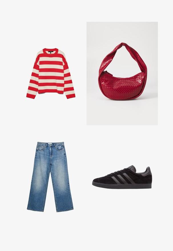 Röd och krämrandig tröja, stickad tyg, rundad hals, långa ärmar, sänkt axel, ribbade manschetter och fåll, lös passform.; Ljusblå denimjeans med vida ben, som har fem fickor, en knappstängning och synlig sömnad längs sömmarna.; Svarta mockaskor med strukturerade gummisulor, försedda med tre svarta läderremmar, rundad tå och vadderad ankelsupport.; Röd vävd läderhandväska med ett böjt, vadderat handtag, dragkedja och en texturerad yta, med en glänsande glans.
