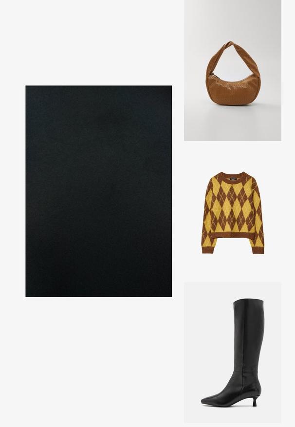 Pulover z rjavimi in rumenimi argyle vzorci, skrajšanega dizajna, krožnim ovratnikom, izdelan iz mehkega pletenega materiala z rebrastimi manšetami in robom.; Črn material z gladko, mat teksturo, ki ima dosledno barvo in minimalen sijaj. Brez vzorcev ali dekorativnih detajlov.; Zign Škornji - black; Tkanih kožni ročni torbici v rjavi barvi, ovalne oblike s širokim pletenim ročajem, z zadrgo in sijočo teksturo.