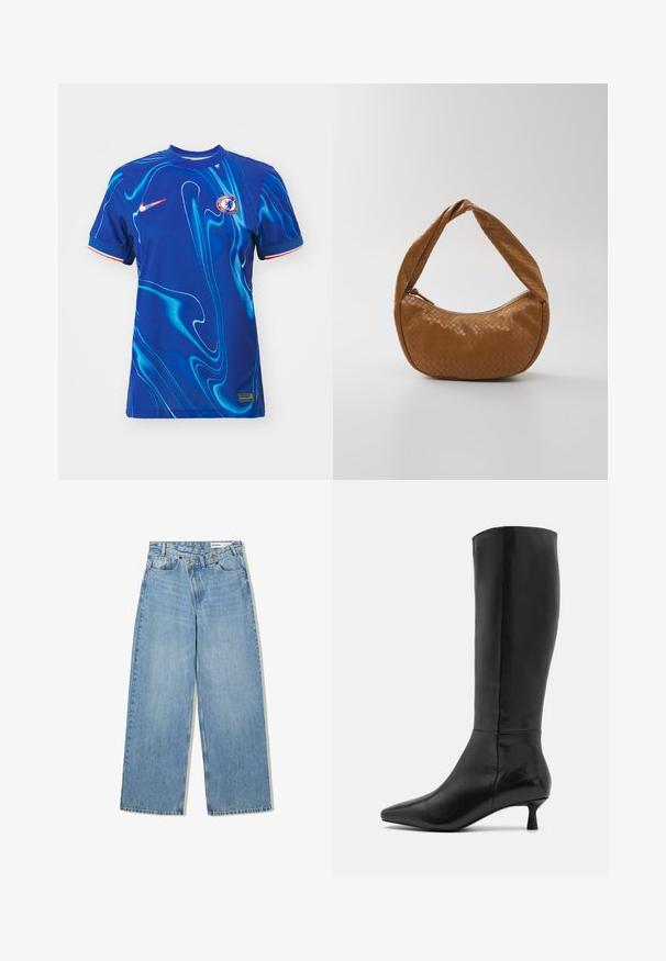 Brun og gul argyle-mønstrede sweater, cropped design, rund halsudskæring, lavet af blødt strikket materiale med ribbede manchetter og kant.; Blå Nike fodboldtrøje med et marmormønster, rund hals, korte ærmer og holdlogo på brystet. Teksturområde, trimdetaljer.; Lyseblå vide denimjeans med høj talje, fem lommer, knaplukning og diskret falmning for tekstur.; Zign Høje støvler/ Støvler - black; Vævet læderhåndtaske i tan, oval form med et tykt flettet håndtag, der har en lynlås lukning og en blank overflade.