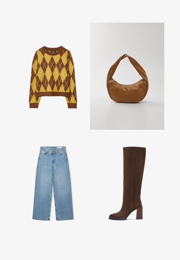 Hnědý a žlutý svetr s argyle vzorem, zkrácený střih, kulatý límec, vyrobený z měkké pleteniny s žebrovanými manžetami a lemem.; Světlé modré široké džínové kalhoty vyrobené z denimu, s vysokým pasem, pěti kapsami, knoflíkovým zapínáním a jemným vyblednutím pro texturu.; Hnědé kozačky do výšky kolen vyrobené z měkké tkaniny, s čtveratou špičkou, blokovým podpatkem a texturovanou gumovou podrážkou. Čisté linie bez ozdob.; Tkaná kožená kabelka v hnědé barvě, oválného tvaru s širokým copánkovým uchem, vybavená zipovým uzavíráním a lesklou texturou.