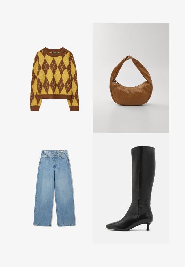 Hnědý a žlutý svetr s argyle vzorem, zkrácený střih, kulatý límec, vyrobený z měkké pleteniny s žebrovanými manžetami a lemem.; Světlé modré široké džínové kalhoty vyrobené z denimu, s vysokým pasem, pěti kapsami, knoflíkovým zapínáním a jemným vyblednutím pro texturu.; Zign Vysoká obuv - black; Tkaná kožená kabelka v hnědé barvě, oválného tvaru s širokým copánkovým uchem, vybavená zipovým uzavíráním a lesklou texturou.