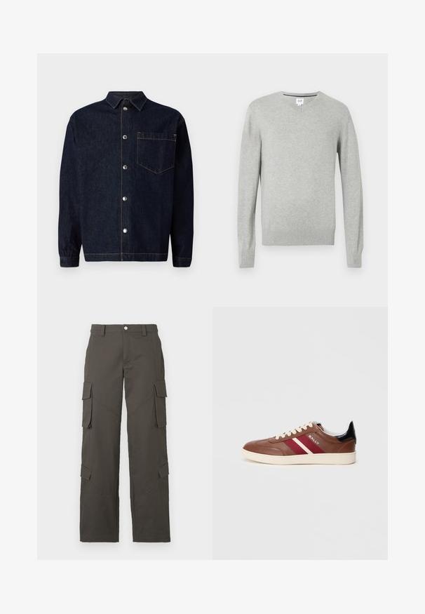 Maglione grigio chiaro, design a v, maniche lunghe, polsini e orlo a costine, texture morbida. Etichetta del marchio posizionata sul collo.; Giacca camicia in denim blu scuro con chiusura frontale a bottoni, colletto a punta, taschino sul petto e dettagli di cucitura arancione a contrasto.; T-shirt bianca in cotone con collo rotondo, maniche corte e vestibilità rilassata. Tessuto liscio, senza motivi né decorazioni.; Pantaloni cargo dritti grigio scuro con chiusura a bottone e quattro tasche con pattina, due sulle cosce e due vicino ai polpacci.; Sneaker in pelle marrone con strisce bianche e bordeaux, lacci beige e un accento nera sul tallone. Presenta una suola in gomma e una texture liscia.