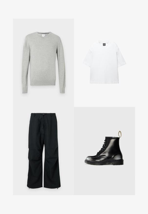 Vaaleanharmaa neule, V-pääntie, pitkät hihat, ribbireunat hihansuissa ja helmassa, pehmeä tekstuuri. Merkkilogo sijaitsee kaula-aukon kohdalla.; Valkoinen lyhythihainen T-paita, joka on valmistettu puuvillasta. Paita on pyöreäkauluksinen, väljästi leikattu ja suorahelmainen. Ei kuvioita eikä koristeita.; Mustat, leveälahkeiset housut, joissa on nauhakuja vyötäröllä ja joustavat lahkeensuut. Valmistettu kevyestä, teksturoidusta kankaasta. Yksinkertainen muotoilu.; Mustat nahka nilkkasaappaat kiiltävällä pinnalla, kahdeksan reikää, mustat nauhat ja vetolenkit. Ominaisuuksiin kuuluu teksturoitu, uritettu pohja.