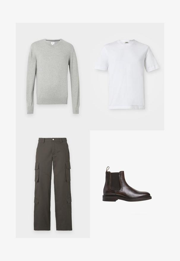 Lys grå genser, v-hals design, lange ermene, stripete mansjetter og hem, myk tekstur. Merkelapp plassert ved halsen.; Hvit bomulls t-skjorte med korte ermer, rund hals og en glatt tekstur. Ingen mønstre eller detaljer er synlige.; Mørkegrå cargo-bukser med rett ben, knappestengning og fire klaffelommer, to på lårene og to nær leggmusklene.; Brune skinn Chelsea-støvler med elastiske sidepaneler, løkkebånd og lav stablet hæl. Glatt tekstur og elegant silhuett.