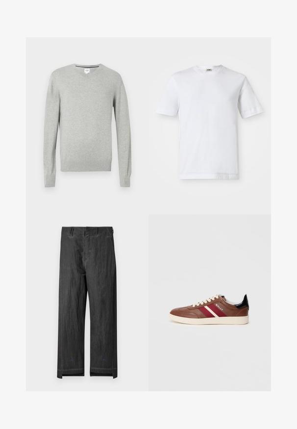 Pulover gri deschis, design cu decolteu în V, mâneci lungi, cu manșete și tiv cu jerseu, textură moale. Eticheta brandului se află la guler.; Tricou alb din bumbac, cu mâneci scurte, guler rotund și textură netedă. Nu sunt vizibile modele sau accente.; Pantaloni negri, cu croi larg, având o textură ușor șifonată, cu un talie clasică, buzunare standard și accente de branding mici în nuanțe de albastru.; Sneaker din piele maro cu dungi albe și burgund, cu șireturi bej și un accent negru pe toc. Dispune de o talpă din cauciuc și o textură netedă.