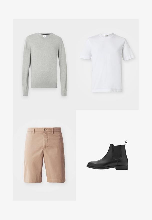 Light gray sweater, v-neck design, long sleeves, ribbed cuffs and hem, soft texture. Brand label located at the neckline.; White cotton t-shirt with short sleeves, crew neckline, and a smooth texture. No patterns or accents are visible.; Beige cotton shorts with a straight leg design, featuring a front button closure and belt loops. Smooth texture with minimal stitching details.; Black leather chelsea boots with elastic side panels, rounded toe, and a low block heel. Smooth texture and clean, minimalist design.
