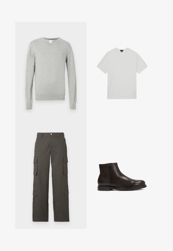 Gaiši pelēks džemperis, ar V veida kaklu, garām piedurknēm, ribota apkakle un apakša, mīksta tekstūra. Zīmola uzlīme atrodas uz kakla.; Baltas kokvilnas T-krekls ar apaļu kakla izgriezumu, īsām piedurknēm un brīvu piegriezumu. Gluda tekstūra, bez rakstiem un rotājumiem.; Tumši pelēki taisnas kājas kravas bikses ar pogu aizdari un četriem kabatām ar vāku, divām uz augšstilbiem un divām tuvu teļiem.; Melnas ādas potīšu zābaki ar gludu tekstūru, noapaļotu purngalu un zemu papēdi. Ir sānu rāvējslēdzis ērtai uzvilkšanai.