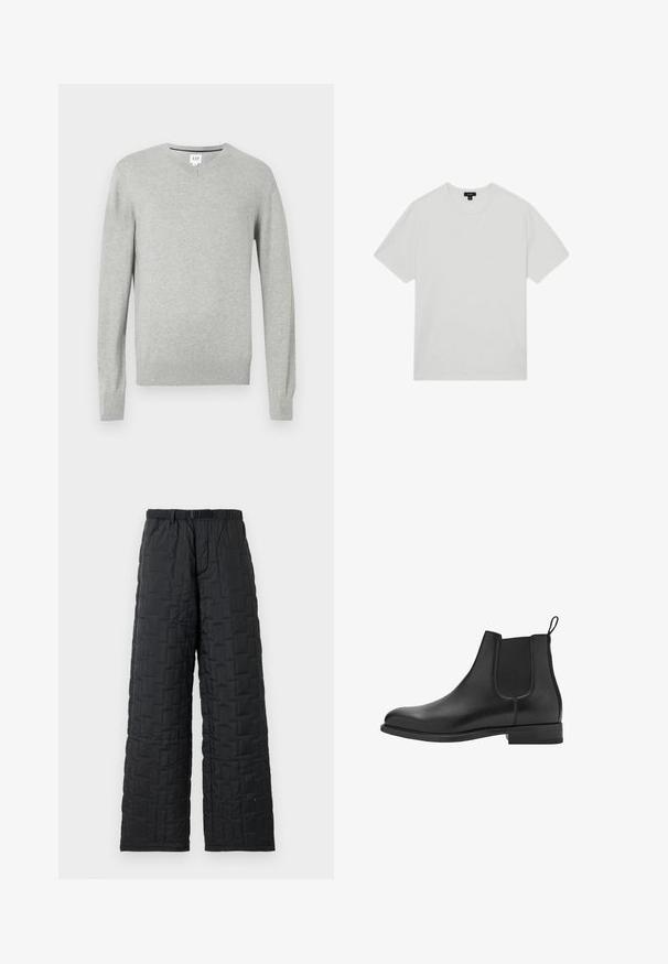 Svetle šedý svetr, design s výstřihem do V, dlouhé rukávy, žebrované manžety a lem, měkká textura. Značka umístěná na výstřihu.; Bílá bavlněná tričko s kulatým výstřihem, krátkými rukávy a volným střihem. Hladká textura, bez vzorů nebo ozdob.; Černé prošívané kalhoty s volným střihem, s texturovaným vzorem, elastickým pasem se stahovací šňůrkou a dvěma bočními kapsami.; Černé kožené chelsea boty s elastickými bočními panely, kulatou špičkou a nízkým blokovým podpatkem. Hladká textura a čistý, minimalistický design.