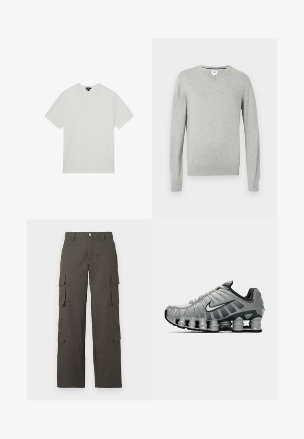 Suéter gris claro, diseño de cuello en v, mangas largas, puños y dobladillo acanalados, textura suave. Etiqueta de la marca ubicada en el cuello.; Camiseta blanca de algodón con cuello redondo, mangas cortas y un corte relajado. Textura suave, sin patrones ni adornos.; Pantalones cargo rectos de color gris oscuro con cierre de botón y cuatro bolsillos con solapa, dos en los muslos y dos cerca de las pantorrillas.; Zapatilla de running Nike en gris y negro con amortiguación visible tipo resorte debajo de la suela y un logo de swoosh blanco en el lateral.
