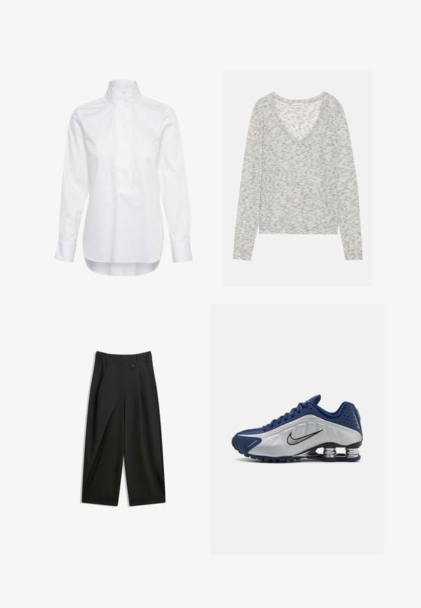 Szara bluzka z długim rękawem i dekoltem w kształcie litery V, z delikatną fakturą w drobne plamki i miękkim materiałem dzianinowym. Metka mówi "ANNA FIELD".; Biała koszula z długim rękawem wykonana z bawełny. Posiada wysoki kołnierz, listwę guzikową oraz nieco dłuższy tył. Gładka faktura.; Czarne szerokie spodnie wykonane z gładkiego materiału. Posiadają plisę z przodu, zapięcie na guzik oraz dopasowaną talię, co zapewnia schludny wygląd.; Niebieskie i srebrne buty sportowe z teksturowaną cholewką, perforacjami i zakrzywioną podeszwą z metalicznymi elementami amortyzującymi. Czarny akcent z logo.