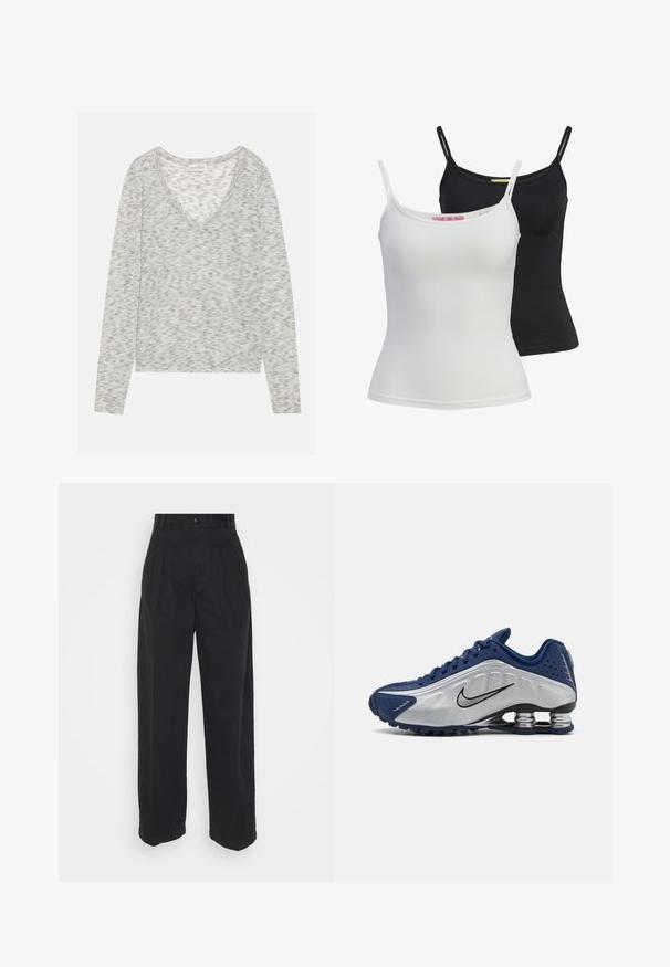 Šedý top s dlhým rukávom a výstrihom do V, so subtílnou textúrou a jemným pleteným materiálom. Na štítku je nápis "ANNA FIELD."; Dve základné tielka v čiernej a bielej farbe, vyrobené z hladkej elastickej látky. Majú tenké ramienka a jednoduchý, priliehavý strih.; Čierne široké nohavice vyrobené z bavlny s hladkou textúrou, so zapínaním na prednej strane a dvoma bočnými vreckami.; Modré a strieborné športové topánky s textúrovaným zvrškom, perforáciami a zakrivenou podrážkou obsahujúcou kovové odpružovacie prvky. Čierny akcent loga.