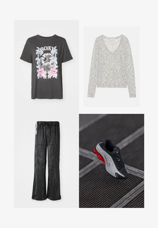Pelēks garo piedurkņu tops ar V veida izgriezumu, kas izceļas ar smalku punktu rakstu un mīkstu adījuma materiālu. Marķējums lasāms "ANNA FIELD."; Melna kokvilnas T-krekls ar Roxy logo, palmu kokiem, viļņiem un rozā hibiskiem ziediem vintage nolietotā grafiskajā dizainā.; Melni cargo bikses, izgatavotas no spīdīga, teksturēta auduma. Tām ir platu kāju dizains, elastīgs jostasvads ar auklu un vairāki sānu kabatas.; Melna un pelēka sporta apava ar sarkanu polsterētu zoli, melnām auklām un Swoosh logotipu, kas atrodas uz metāla režģa virsmas.