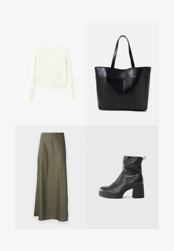 Bijela, dugačka, pletiva majica s rebrastim uzorkom, blago brojnim izrezom i ravnim rubom.; Maslinasto zelena maksi suknja od glatkog, lepršavog materijala s bočnim prorezom i elastičnim pojasom za udobnost. Bez uzoraka ili metalnih detalja.; Crne gležnjače od glatke kože, s bočnim zatvaračem, debelim teksturiranim potplatom i dizajnom s zaobljenim prstima.; Crna kožna torba s dugim ručkama, glatkom teksturom i strukturiranim oblikom. Ima prednju džep za dodatno pohranu.