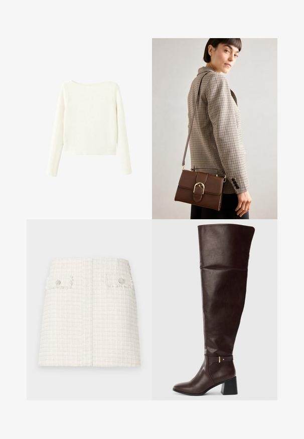 Maglione bianco a maniche lunghe, in maglia a coste, con un leggero scollo a barca e orlo dritto.; Mini gonna bianca in tweed con un motivo a scacchi testurizzato. Presenta due tasche anteriori a filetto con bottoni decorativi. Design con orlo dritto.; Stivale in pelle marrone scuro, alto fino al ginocchio, con tacco a blocco e dettaglio decorativo con cinturino laterale, mostrato su uno sfondo chiaro e semplice.; Borsa a tracolla in pelle marrone con una fibbia in metallo dorato, forma rettangolare, texture liscia e tracolla rimovibile.; Orecchini in oro con più filamenti allungati, caratterizzati da una finitura testurizzata e un design a strati, creando un effetto a cascata.