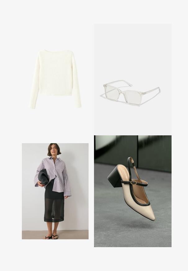 Weißer, langärmeliger, gerippter Strickpullover mit leicht bootförmigem Ausschnitt und geradem Saum.; Gestreifte Button-Up-Bluse in Weiß und Burgunder. Schwarzer transparenter Rock, der über einem einfarbigen schwarzen Basisrock getragen wird. Geflochtene schwarze Clutch und Flip-Flops.; Beige Slingback-Schuh mit spitzer Zehenpartie, schwarzer Umrandung, goldener Schnalle und dicker Blockabsatz auf grauem Boden vor dunklem grünen Hintergrund.; Klare, quadratische Kunststoffbrillen mit durchsichtigen Gläsern, die goldene Akzente an den Bügeln für zusätzliche Details aufweisen.; Braune Lederschultertasche mit strukturierter Form, ausgestattet mit einem magnetischen Klappenverschluss und einem metallischen Logoakzent auf der Vorderseite.