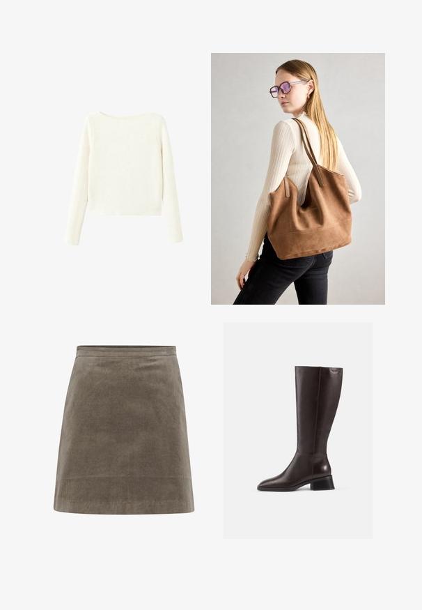 Jersey de punto de canalé blanco, de mangas largas, con un escote tipo barco ligeramente pronunciado y un dobladillo recto.; Falda mini de corduroy en color caqui, con forma recta, textura suave y una cintura simple, que presenta líneas de ribete vertical a lo largo.; Botas de cuero marrón hasta la rodilla con un acabado suave, punta redonda y un tacón negro de pala. Diseño simple con detalles de herrajes mínimos.; Bolso de tote de ante marrón con textura suave, gran abertura y asas largas. Presenta un diseño sencillo con costuras visibles y sin herrajes.