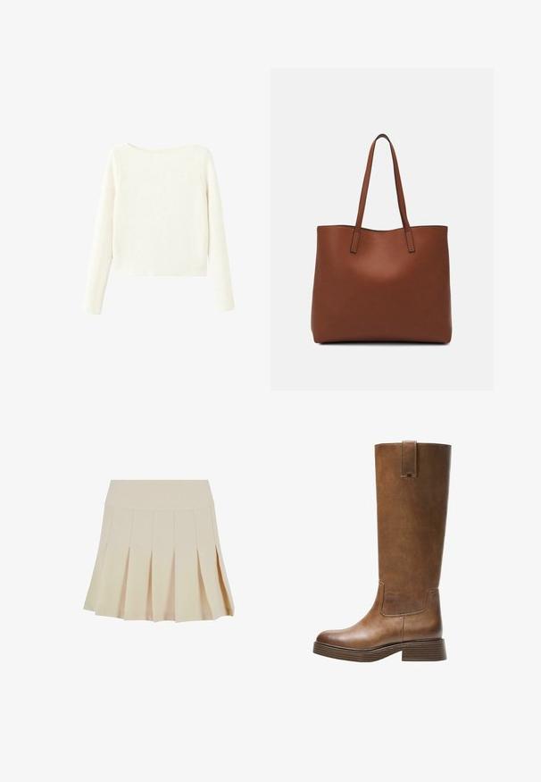 Pulover alb, cu maneci lungi, tricotat cu un model rib la guler în formă de barcă și cu un tiv drept.; Fustă plisată bej cu un brâu ajustat, realizată dintr-un material neted. Prezintă multiple pliuri verticale și un tiv drept.; Botă din piele maro, până la genunchi, cu vârf rotunjit, suprafață texturată și toc mic, îngroșat. Dispune de un panou lateral și un capac de prindere în partea de sus.; Geantă de umăr din piele maro cu o textură netedă, design cu vârf deschis și două curele pentru umăr. Prezintă cusături minime și fără componente metalice vizibile.