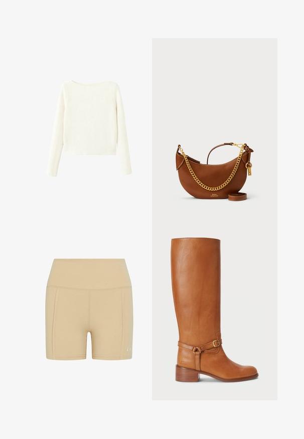 Bela, dolg rokav, rebrast pleten pulover z rahlim čolnasti izrezom in ravnim robom.; Bež kratke hlače z elastičnim pasom, gladko teksturo in preprostim dizajnom. Imajo diskretno šivanje in majhen logotip na strani.; Visoke rjave usnjene škornje z gladko površino, ki imajo stranski pas z zaponko in nabraljen pet. Zgornji del ima čist, neokrasen dizajn.; Rjava usnjena torbica s ukrivljenim dizajnom, zlatim verižnim trakom, notranjim žepom in snemljivim ramenskim trakom. Ima kontrastno šivanje.