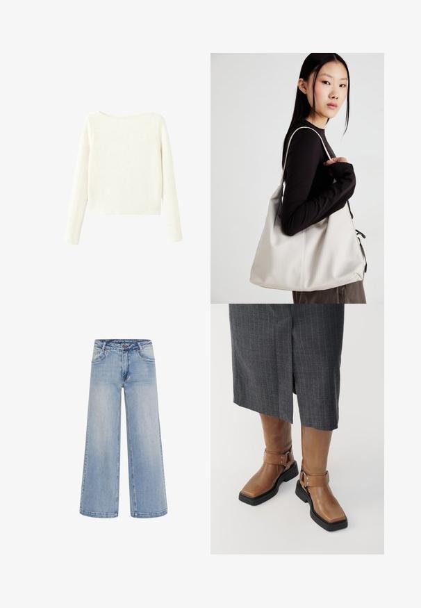 Maglione bianco a maniche lunghe, in maglia a coste, con un leggero scollo a barca e orlo dritto.; Jeans a gamba larga di un blu chiaro, caratterizzati da una vita alta, cinque tasche e cuciture a contrasto. Realizzati in denim con una texture liscia.; Stivali alti fino al ginocchio in pelle marrone con punta quadrata, suola in gomma nera e dettaglio con cinturino regolabile. Indossati con una gonna grigia a righe.; Borsa a mano beige realizzata in materiale morbido, caratterizzata da un design morbido, dettagli cuciti e due manici. Adatta per l'uso quotidiano.