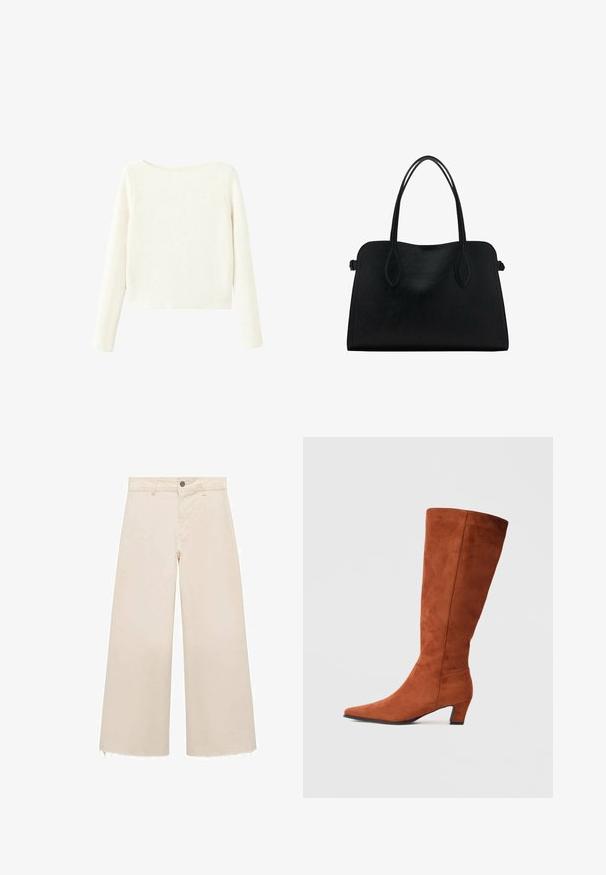 Bela, dolg rokav, rebrast pleten pulover z rahlim čolnasti izrezom in ravnim robom.; Široke hlače iz svetlo bež bombaža, z gumbom za zapiranje, diskretnim razfrkanim robom in sproščenim krojem.; Rjavi suede škornji do kolen s koničastim nosom in majhno blok peto, ki se ponašajo z gladko teksturo in minimalističnim dizajnom.; Črna usnjena torbica z dvema naramnima trakoma, pravokotne oblike in minimalističnim dizajnom na beli podlagi.