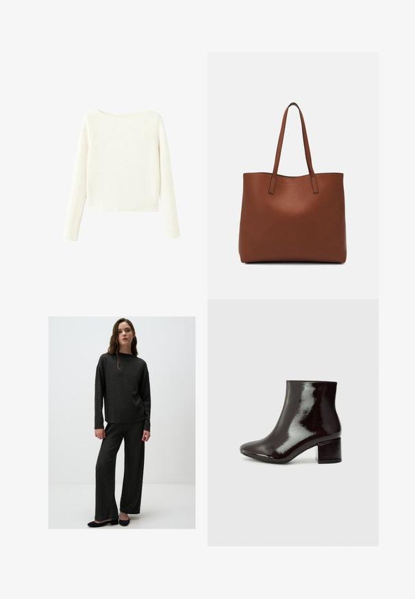 Witte, lange mouwen, ribgebreide trui met een licht gebogen halslijn en een rechte zoom.; Grijs gebreid lounge set met een gestructureerd ruitpatroon, een relaxte fit met lange mouwen bovenstuk en een broek met wijde pijpen, gecombineerd met zwarte flats.; Zwarte gepatineerde leren enkelboots met een spitse neus en een chunky hak. Gladde textuur met een subtiele glans en strakke lijnen, minimalistisch ontwerp.; Bruine leren tote bag met een gladde textuur, een ontwerp met een open bovenkant en twee schouderbanden. Kenmerkt zich door minimale stiksels en geen zichtbare hardware.