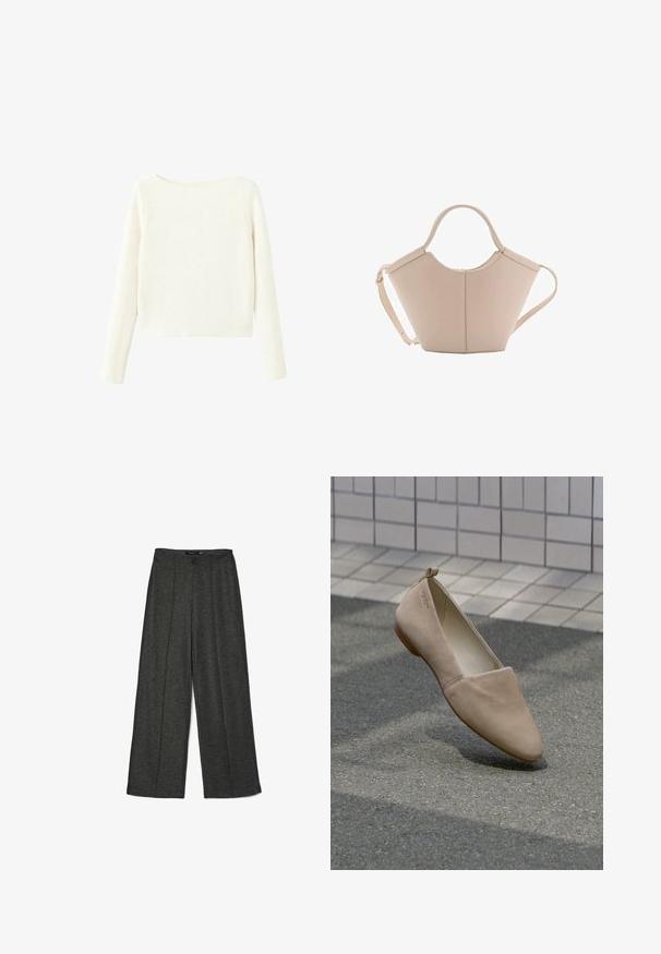 Pulover alb, cu maneci lungi, tricotat cu un model rib la guler în formă de barcă și cu un tiv drept.; Pantaloni largi gri închis, fabricați dintr-un material texturat, având talie înaltă și două plii frontale pentru un plus de detaliu stilistic.; Sandy scăună din material moale, având vârful ascuțit și un design minimalist. Include un toc mic și o buclă în spate.; Geantă de mână bej din piele cu o formă unică, dotată cu două mânere scurte și o curea lungă ajustabilă. Textură netedă, cu hardware minim.