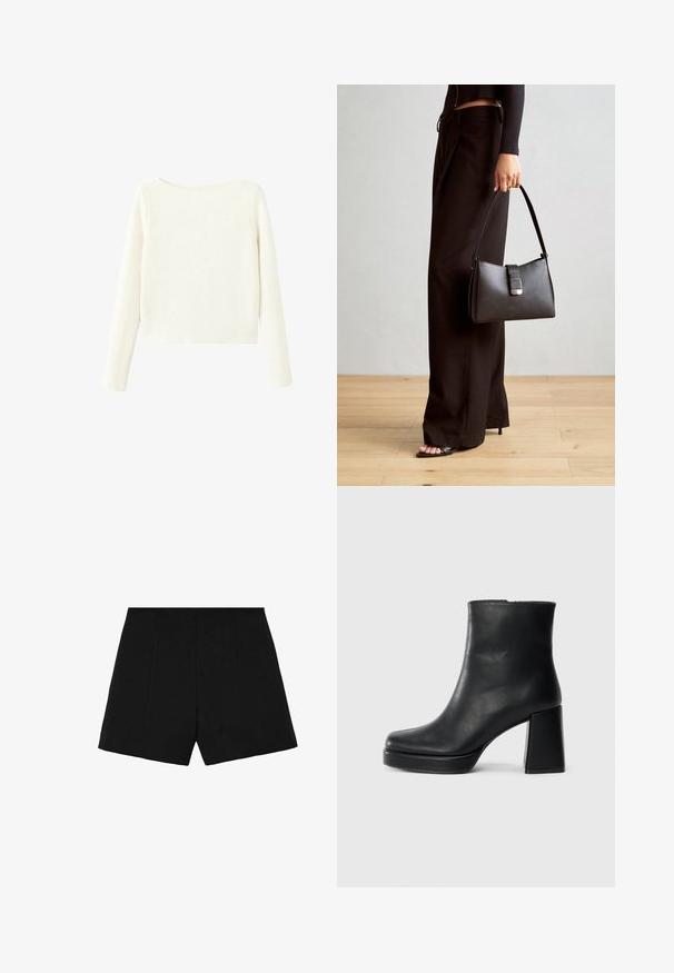 Biała, długosleeve, prążkowana dzianinowa sweter z lekko łódkowym dekoltem i prostym dołem.; Mango LILO czarny; Czarne skórzane botki za kostkę z blokowym obcasem i platformą, widok z boku na białym tle.; Czarna torebka o usztywnionym kształcie, gładkiej fakturze i metalowym zapięciem. Połączona z szerokimi czarnymi spodniami i sandałami na otwartym palcu na drewnianej podłodze.