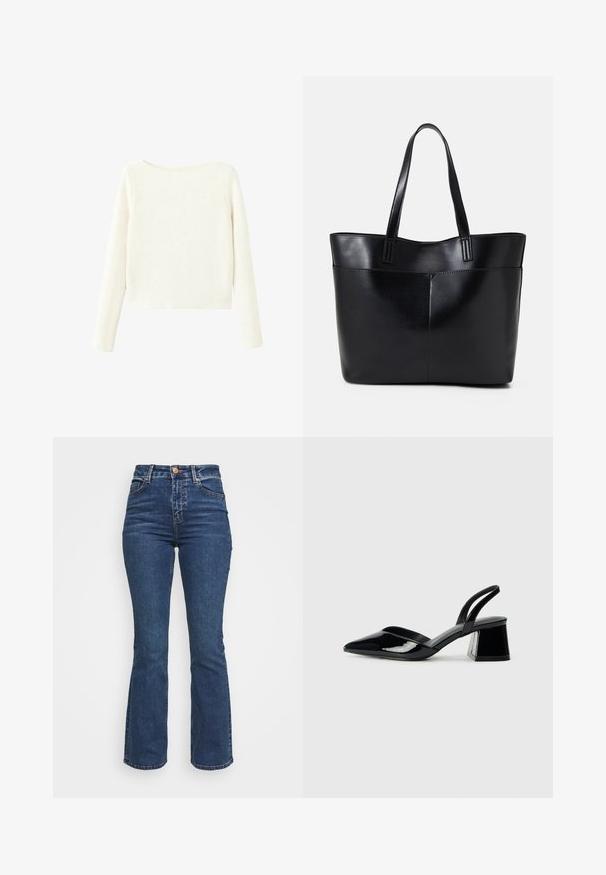 Vit, långärmad, ribbad stickad tröja med en lätt båtformad halsringning och rak nederkant.; Högmidjade blå jeans tillverkade av denim. Utrustade med utsvängd byxben-design med knappknäppning och fickor. Har en klassisk tvätt och sömdetaljer.; Svarta lackläder slingback klackar med spetsig tå och geometrisk klack. Har en elegant, minimalistisk design och slät yta.; Svart läder tote-väska med två långa handtag, en slät yta och en strukturerad form. Har en framficka för extra förvaring.