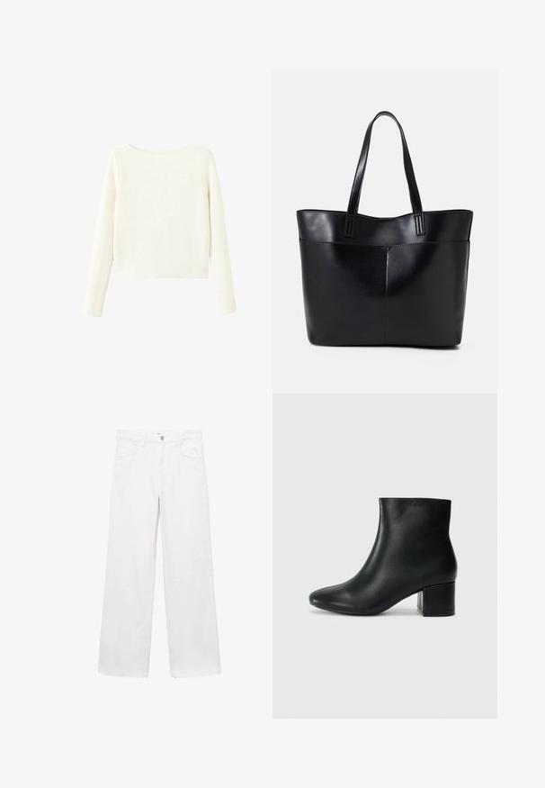Bílý svetr s dlouhým rukávem, žebrovaný, s mírně lodičkovým výstřihem a rovním lemem.; Bílé široké džíny vyrobené z denimu, s vysokým pasem, pěti kapsami, zapínáním na knoflík a třepeným lemem. Hladká textura po celé délce.; Černé kožené kotníkové boty s špičatou špičkou a robustním podpatkem. Hladký povrch s minimálními akcenty a elegantním, přiléhavým designem.; Černá kožená taška s dlouhými ušima, hladkým povrchem a strukturovaným tvarem. Obsahuje přední kapsu pro další úložný prostor.